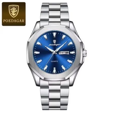 Poedagar Mens Quartz Watch  Stainless Steel 725c silver blue