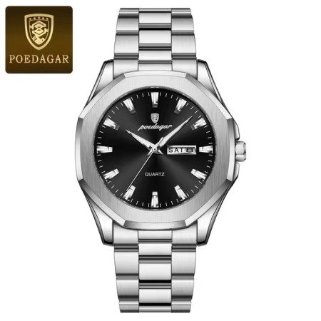 Poedagar Mens Quartz Watch  Stainless Steel 725c silver black