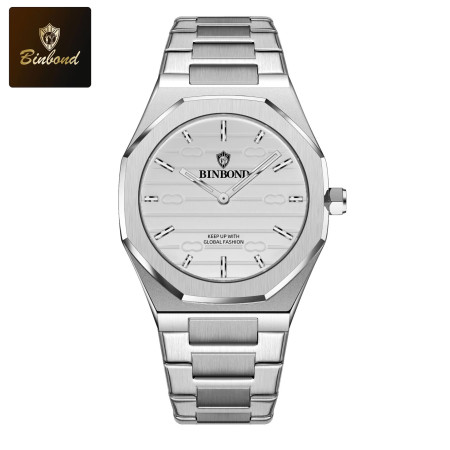 Binbond 818 Luxury Mens Analog Quartz Wrist Watch silver white