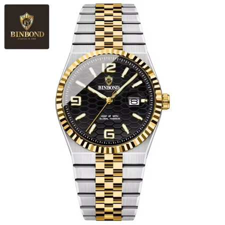 BINBOND S99 Mens Quartz Watch Night Light Calendar Watch Toton Black