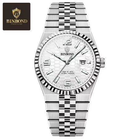 BINBOND S99 Mens Quartz Watch Night Light Calendar Watch Silver white