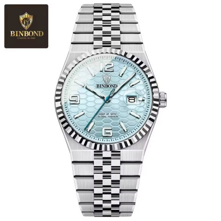 BINBOND S99 Mens Quartz Watch Night Light Calendar Watch Silver sky blue