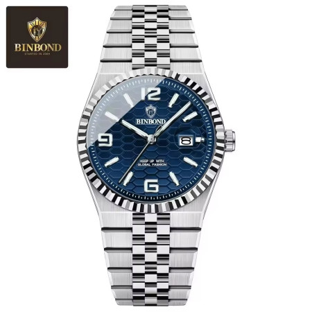 BINBOND S99 Mens Quartz Watch Night Light Calendar Watch Silver blue
