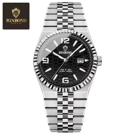 BINBOND S99 Mens Quartz Watch Night Light Calendar Watch Silver black