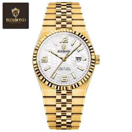 BINBOND S99 Mens Quartz Watch Night Light Calendar Watch Gold white