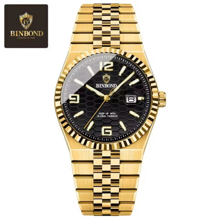 BINBOND S99 Mens Quartz Watch Night Light Calendar Watch Gold black