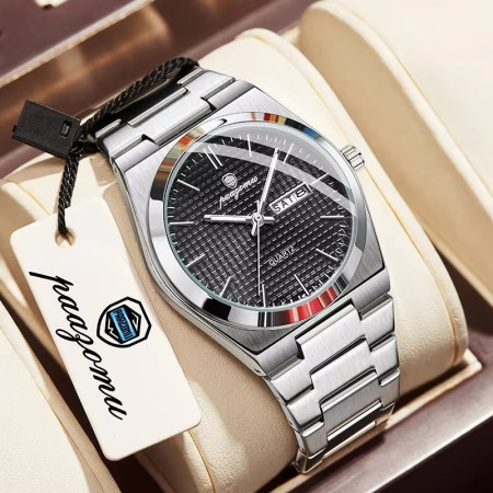 POEDAGAR Mens Quartz Watches S21 Luxury Wristwatch Silver Black