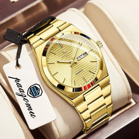 POEDAGAR Mens Quartz Watches S21 Luxury Wristwatch Full Gold