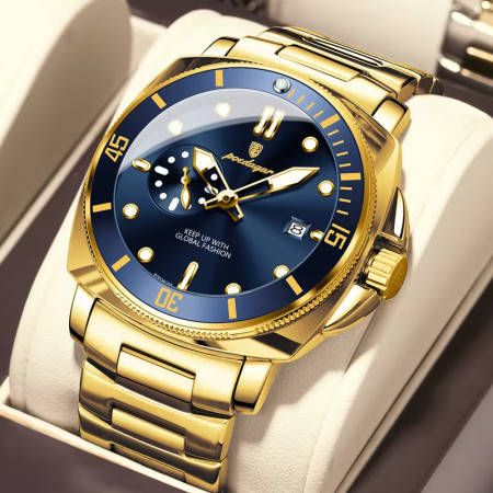 Stylish Quartz movement Dial & Date Function Premium Watch Gold Blue