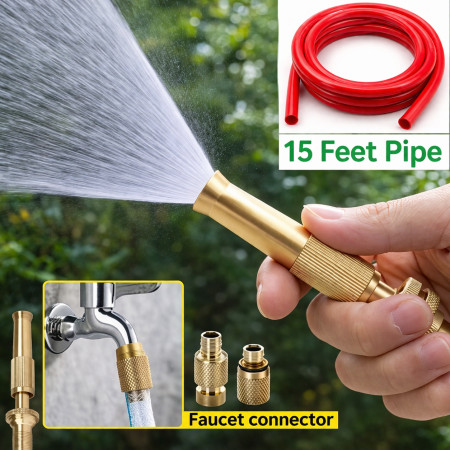 (১৫ ফিট কমলা পাইপ সহ) Water Gun Spray Metal Nozzle High Pressure Quick Connector